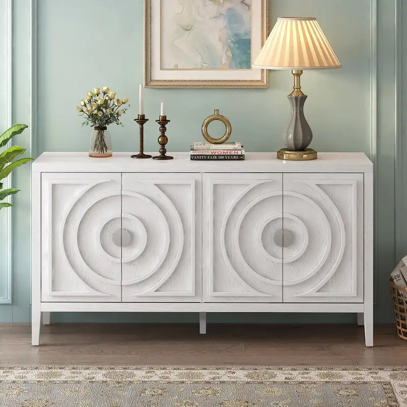 Buffet rétro à 4 portes avec motif rainuré circulaire et poignées rondes en métal - 60L x 16W x 32H