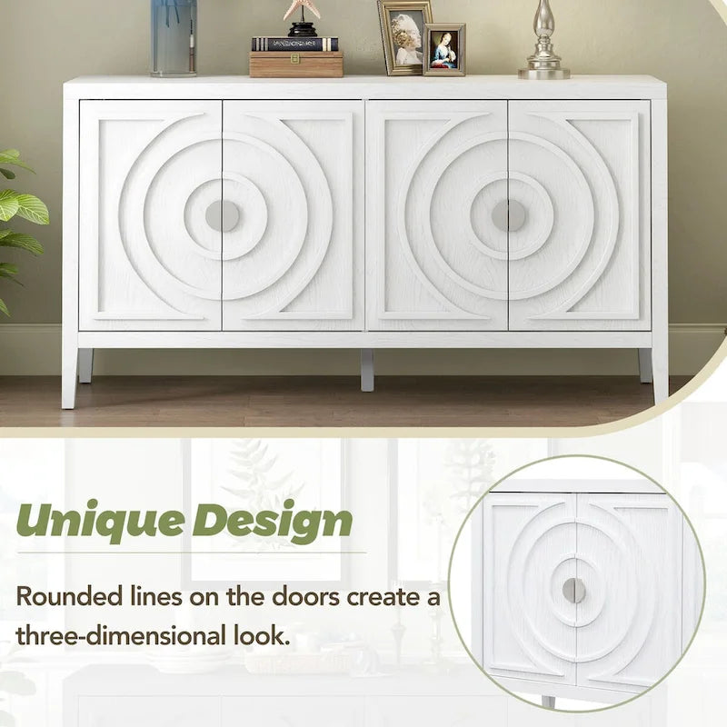 Buffet rétro à 4 portes avec motif rainuré circulaire et poignées rondes en métal - 60L x 16W x 32H