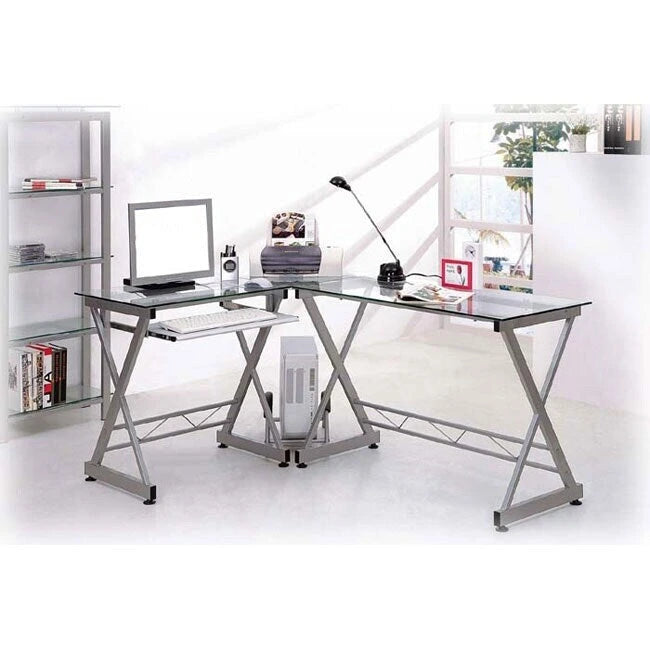 Bureau d'ordinateur en L en verre trempé
