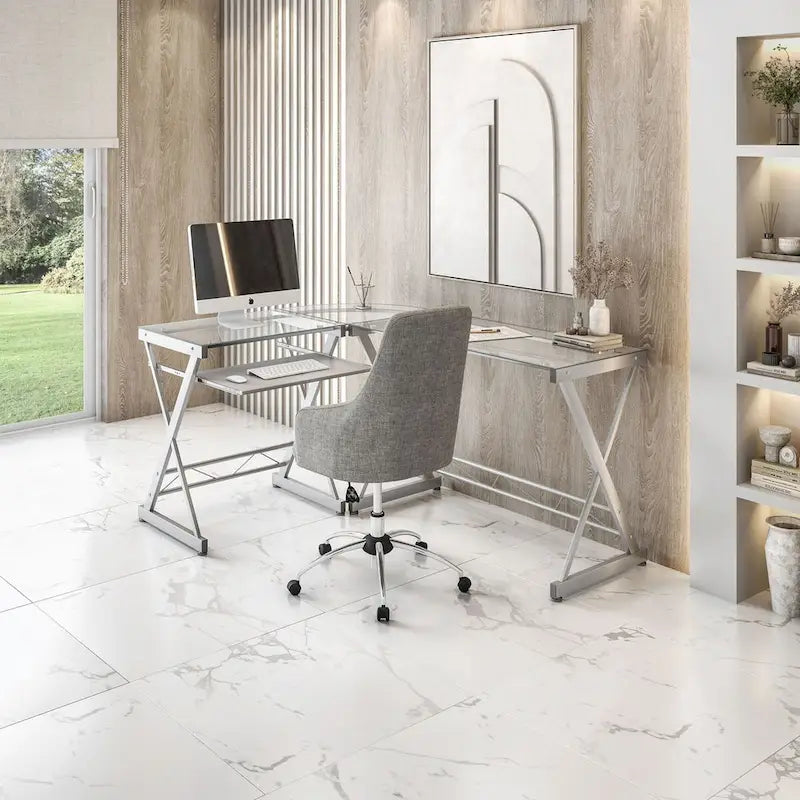 Bureau d'ordinateur en L en verre trempé