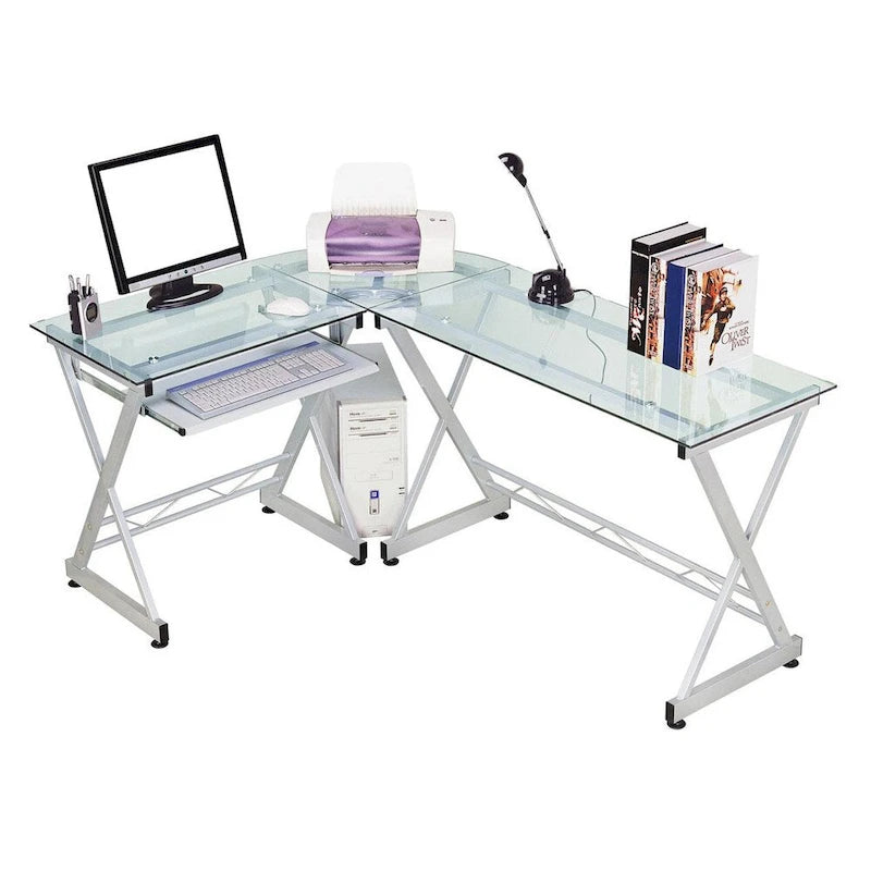 Bureau d'ordinateur en L en verre trempé