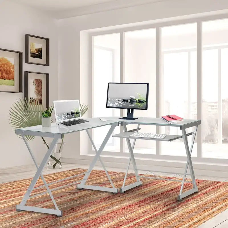Bureau d'ordinateur en L en verre trempé