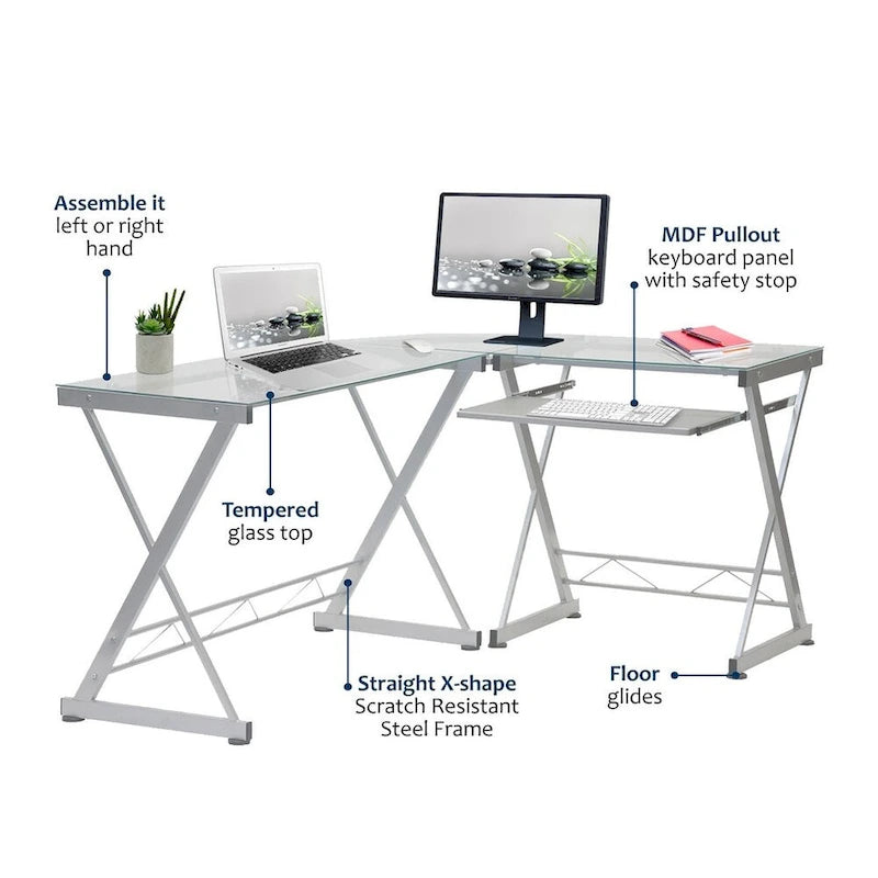 Bureau d'ordinateur en L en verre trempé