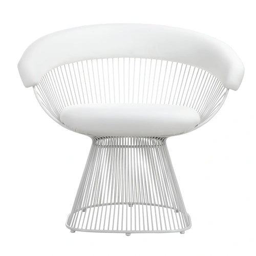 Fauteuil d'appoint de 84 cm, dossier incurvé en métal à lattes, similicuir blanc
