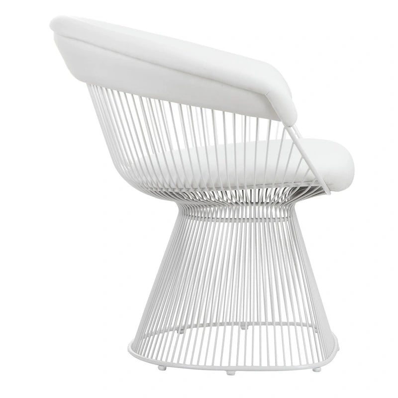 Fauteuil d'appoint de 84 cm, dossier incurvé en métal à lattes, similicuir blanc