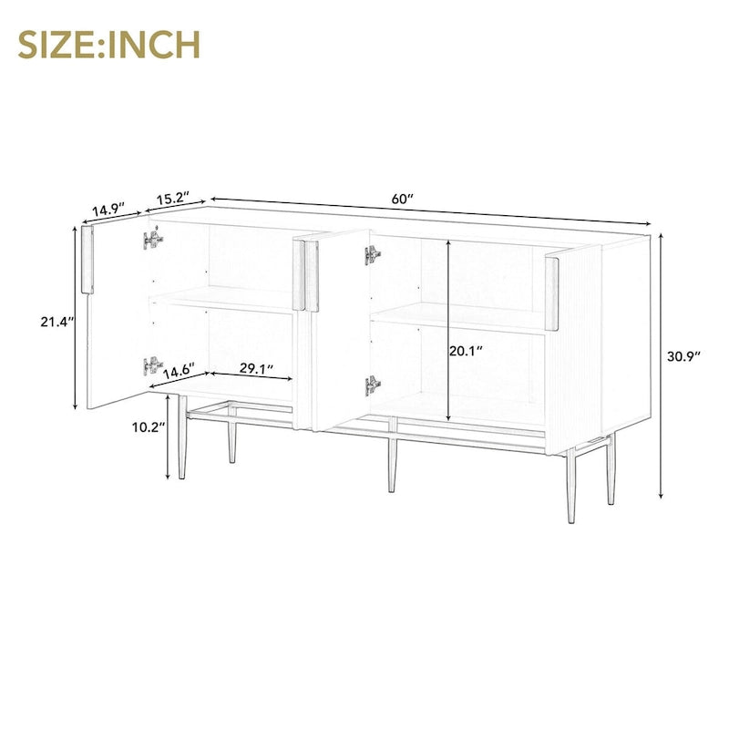 Bahut buffet 4 portes avec poignées métalliques - 60"L x 15.2"l x 30.9"H
