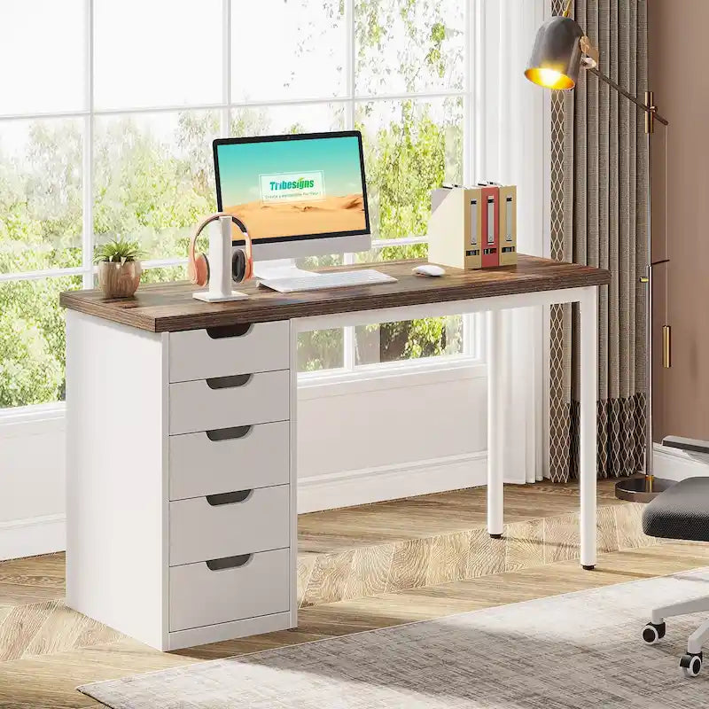 Bureau d'ordinateur en bois de 47 pouces avec 5 tiroirs et cadre en métal