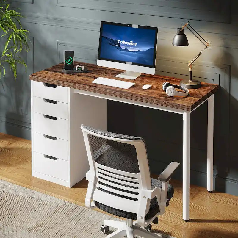 Bureau d'ordinateur en bois de 47 pouces avec 5 tiroirs et cadre en métal