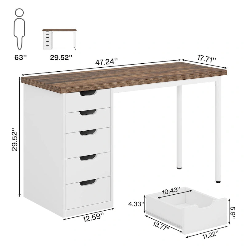 Bureau d'ordinateur en bois de 47 pouces avec 5 tiroirs et cadre en métal
