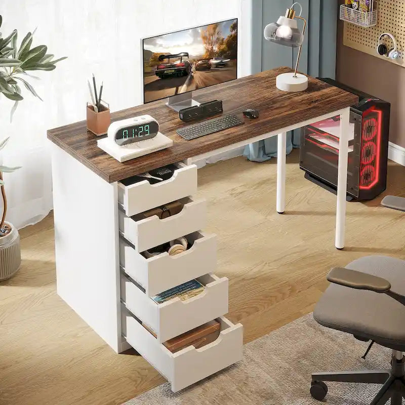 Bureau d'ordinateur en bois de 47 pouces avec 5 tiroirs et cadre en métal