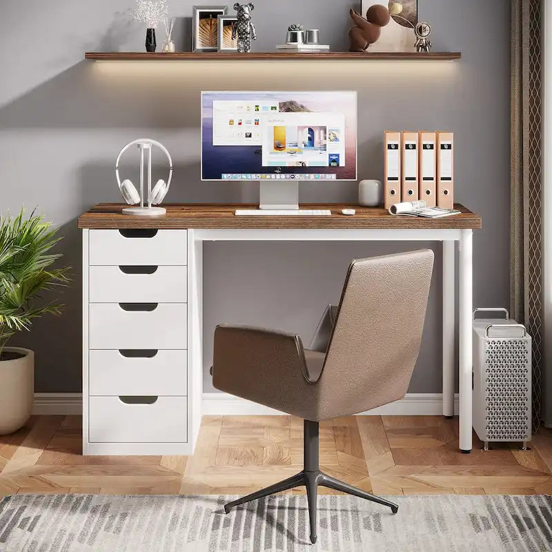 Bureau d'ordinateur en bois de 47 pouces avec 5 tiroirs et cadre en métal