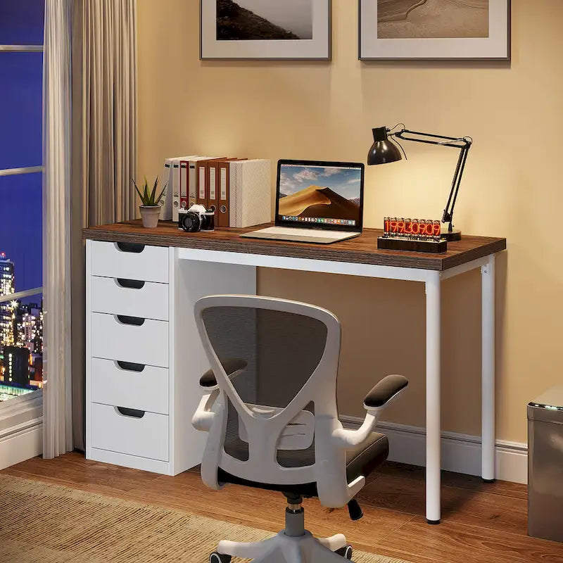 Bureau d'ordinateur en bois de 47 pouces avec 5 tiroirs et cadre en métal