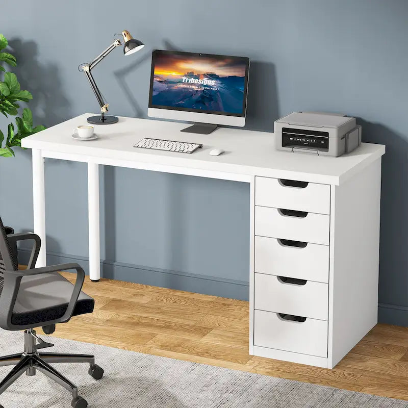 Bureau d'ordinateur en bois de 47 pouces avec 5 tiroirs et cadre en métal