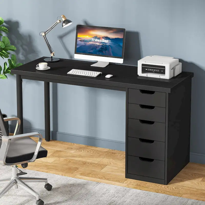 Bureau d'ordinateur en bois de 47 pouces avec 5 tiroirs et cadre en métal
