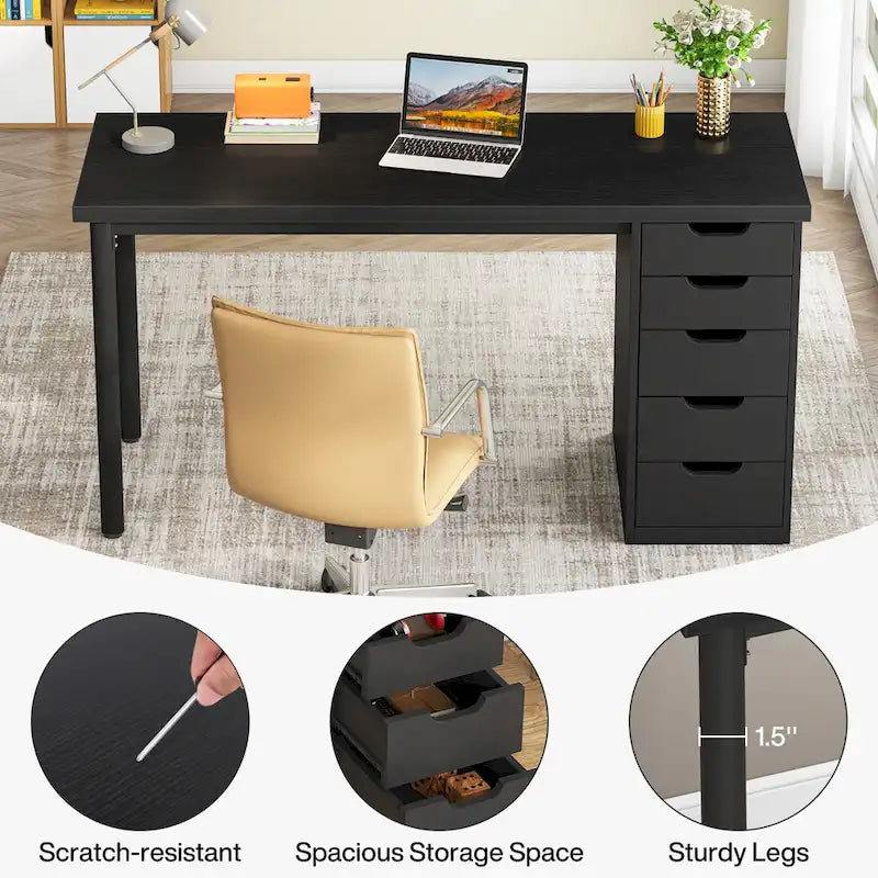 Bureau d'ordinateur en bois de 47 pouces avec 5 tiroirs et cadre en métal