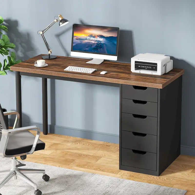 Bureau d'ordinateur en bois de 47 pouces avec 5 tiroirs et cadre en métal