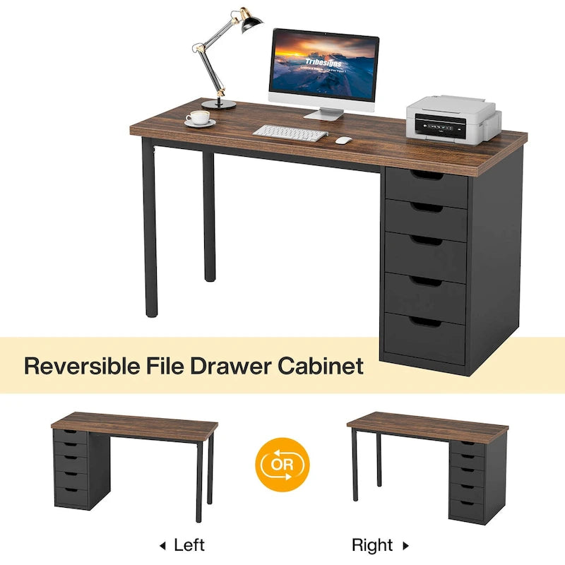 Bureau d'ordinateur en bois de 47 pouces avec 5 tiroirs et cadre en métal