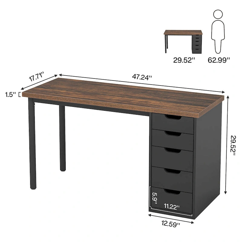 Bureau d'ordinateur en bois de 47 pouces avec 5 tiroirs et cadre en métal