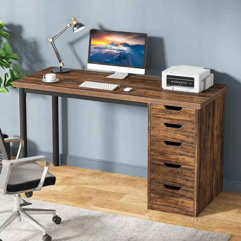 Bureau d'ordinateur en bois de 47 pouces avec 5 tiroirs et cadre en métal