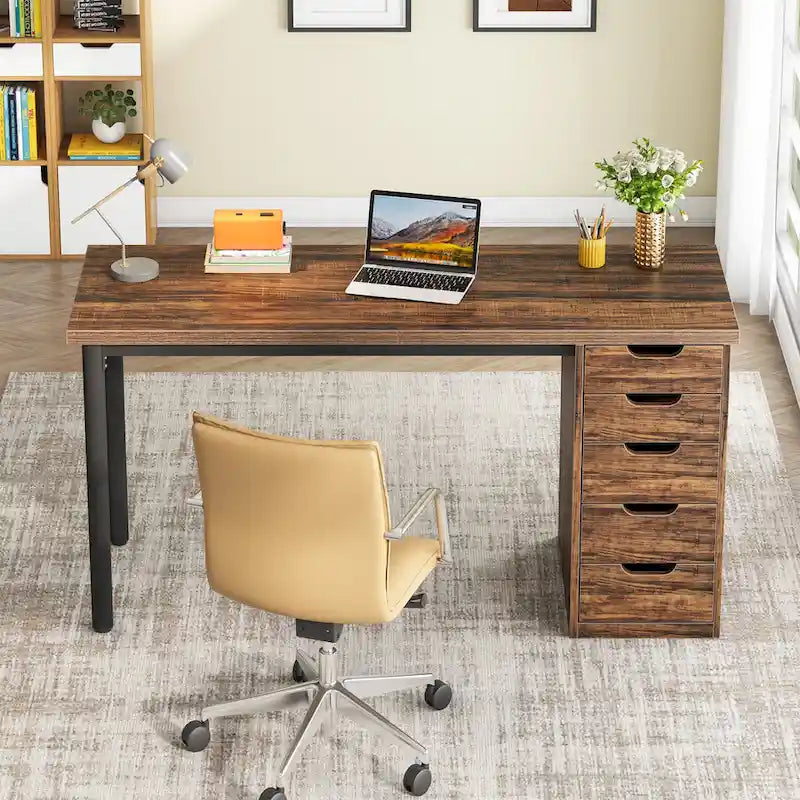 Bureau d'ordinateur en bois de 47 pouces avec 5 tiroirs et cadre en métal