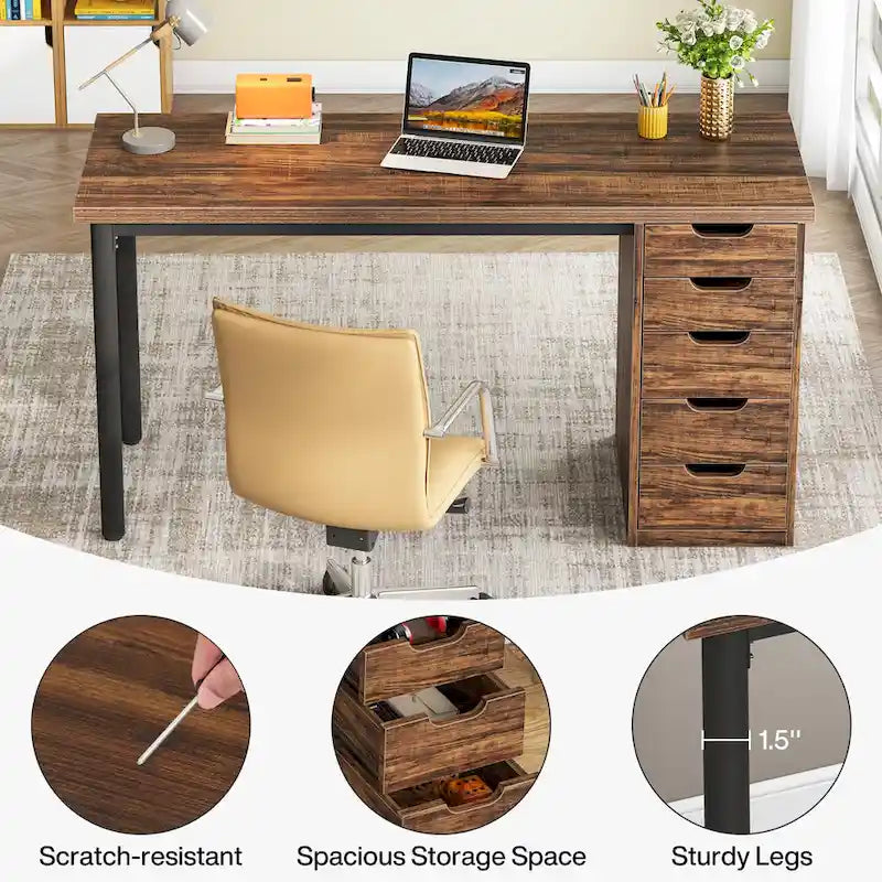 Bureau d'ordinateur en bois de 47 pouces avec 5 tiroirs et cadre en métal