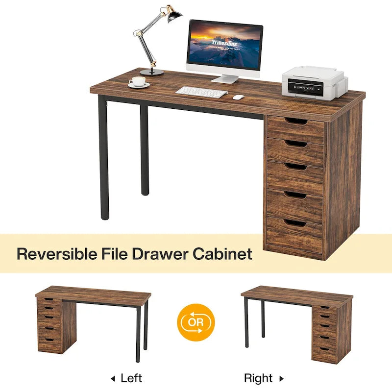 Bureau d'ordinateur en bois de 47 pouces avec 5 tiroirs et cadre en métal