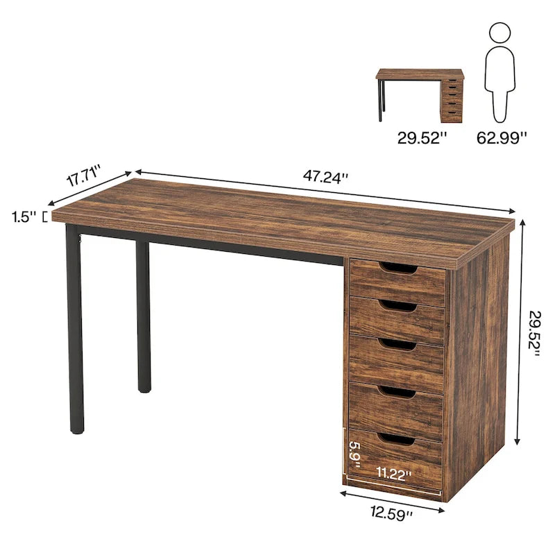 Bureau d'ordinateur en bois de 47 pouces avec 5 tiroirs et cadre en métal