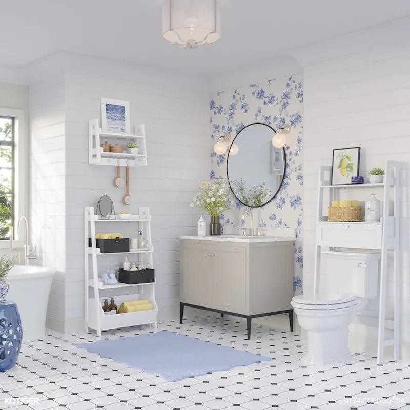 Étagère-échelle au-dessus des toilettes avec porte abattante – Blanche