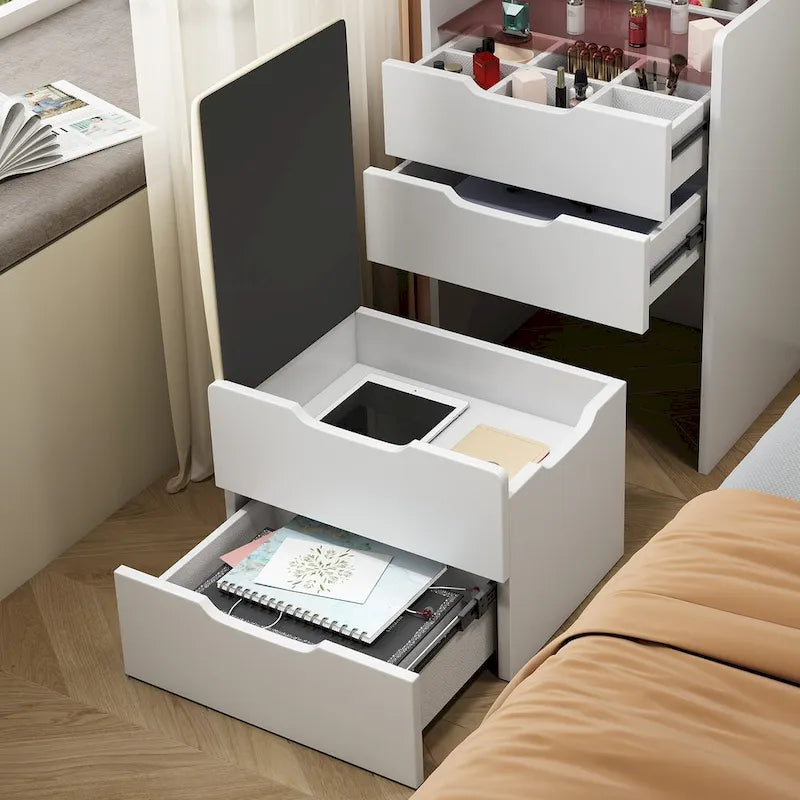 Coiffeuse avec miroir relevable, 3 tiroirs, plateau en verre et tabouret rembourré