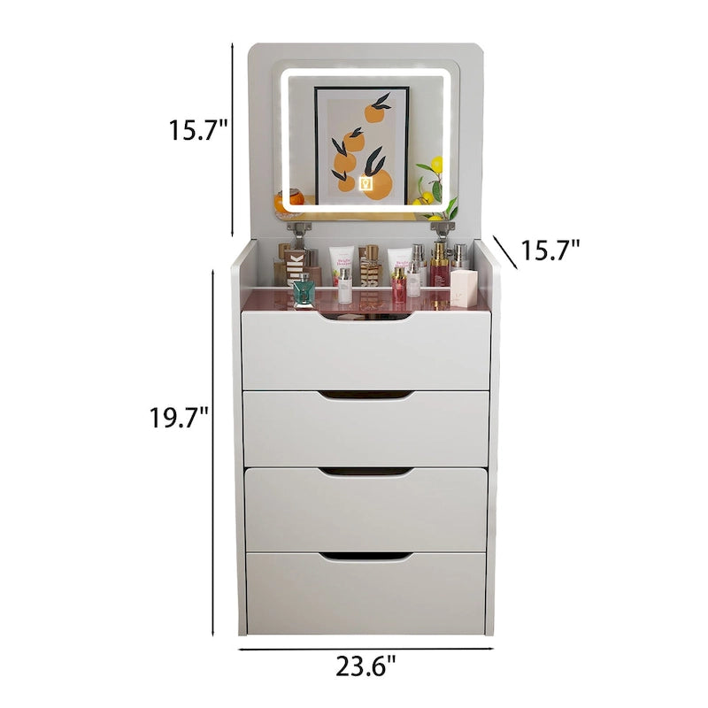Coiffeuse avec miroir relevable, 3 tiroirs, plateau en verre et tabouret rembourré