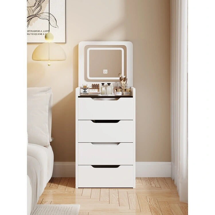 Coiffeuse avec miroir relevable, 3 tiroirs, plateau en verre et tabouret rembourré