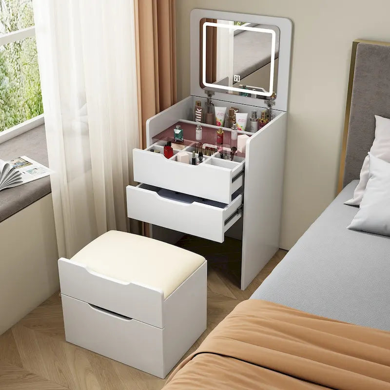 Coiffeuse avec miroir relevable, 3 tiroirs, plateau en verre et tabouret rembourré