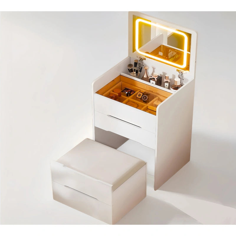 Coiffeuse avec miroir relevable, 3 tiroirs, plateau en verre et tabouret rembourré