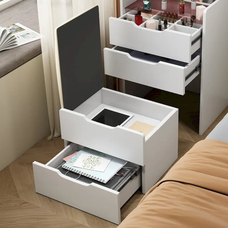 Coiffeuse avec miroir relevable, 3 tiroirs, plateau en verre et tabouret rembourré
