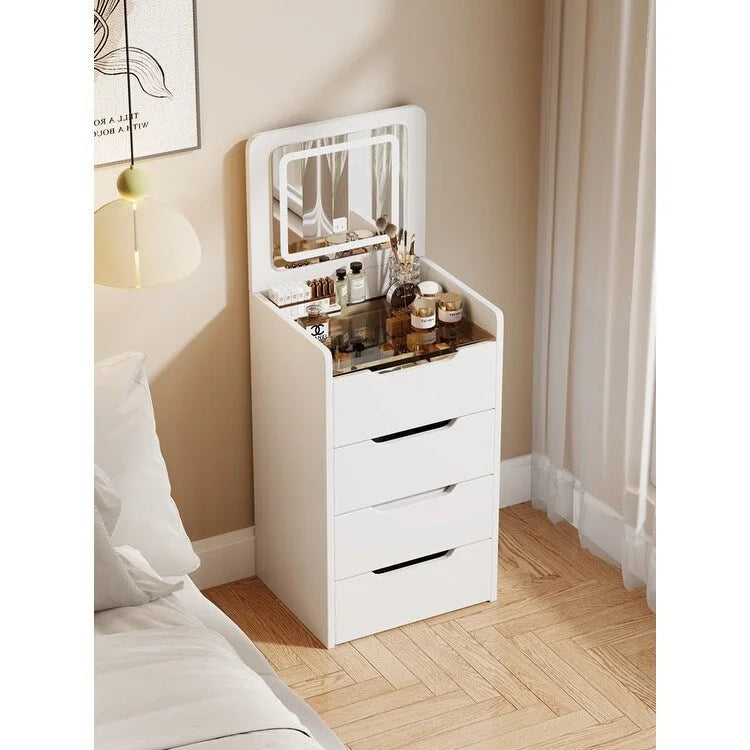 Coiffeuse avec miroir relevable, 3 tiroirs, plateau en verre et tabouret rembourré