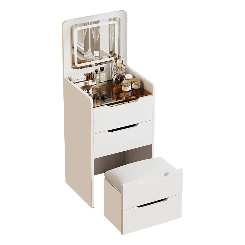 Coiffeuse avec miroir relevable, 3 tiroirs, plateau en verre et tabouret rembourré