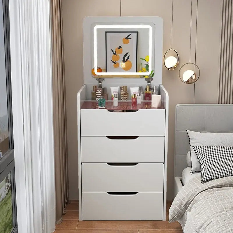 Coiffeuse avec miroir relevable, 3 tiroirs, plateau en verre et tabouret rembourré