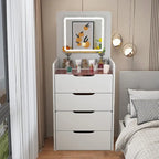Coiffeuse avec miroir relevable, 3 tiroirs, plateau en verre et tabouret rembourré