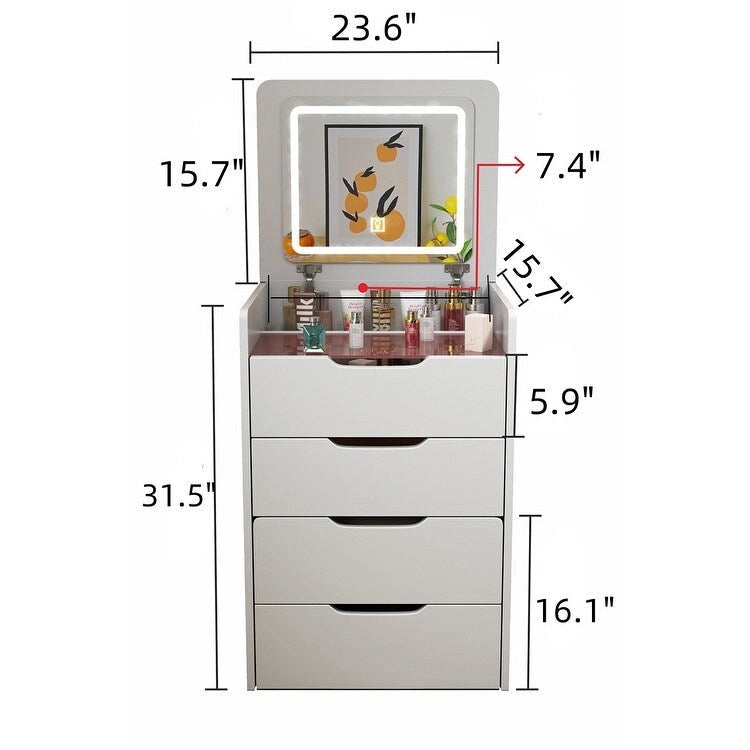 Coiffeuse avec miroir relevable, 3 tiroirs, plateau en verre et tabouret rembourré