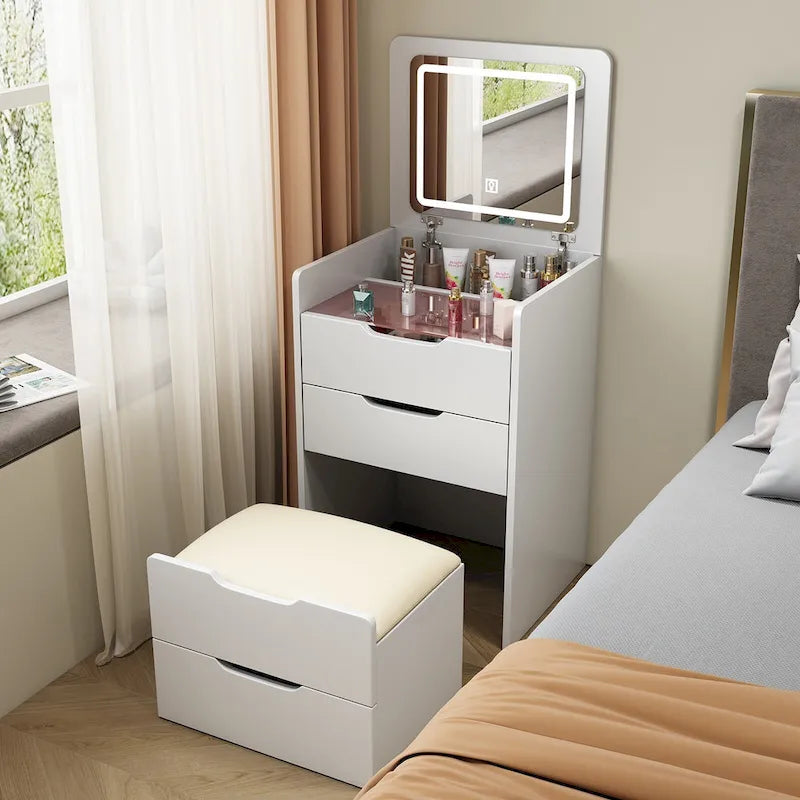 Coiffeuse avec miroir relevable, 3 tiroirs, plateau en verre et tabouret rembourré